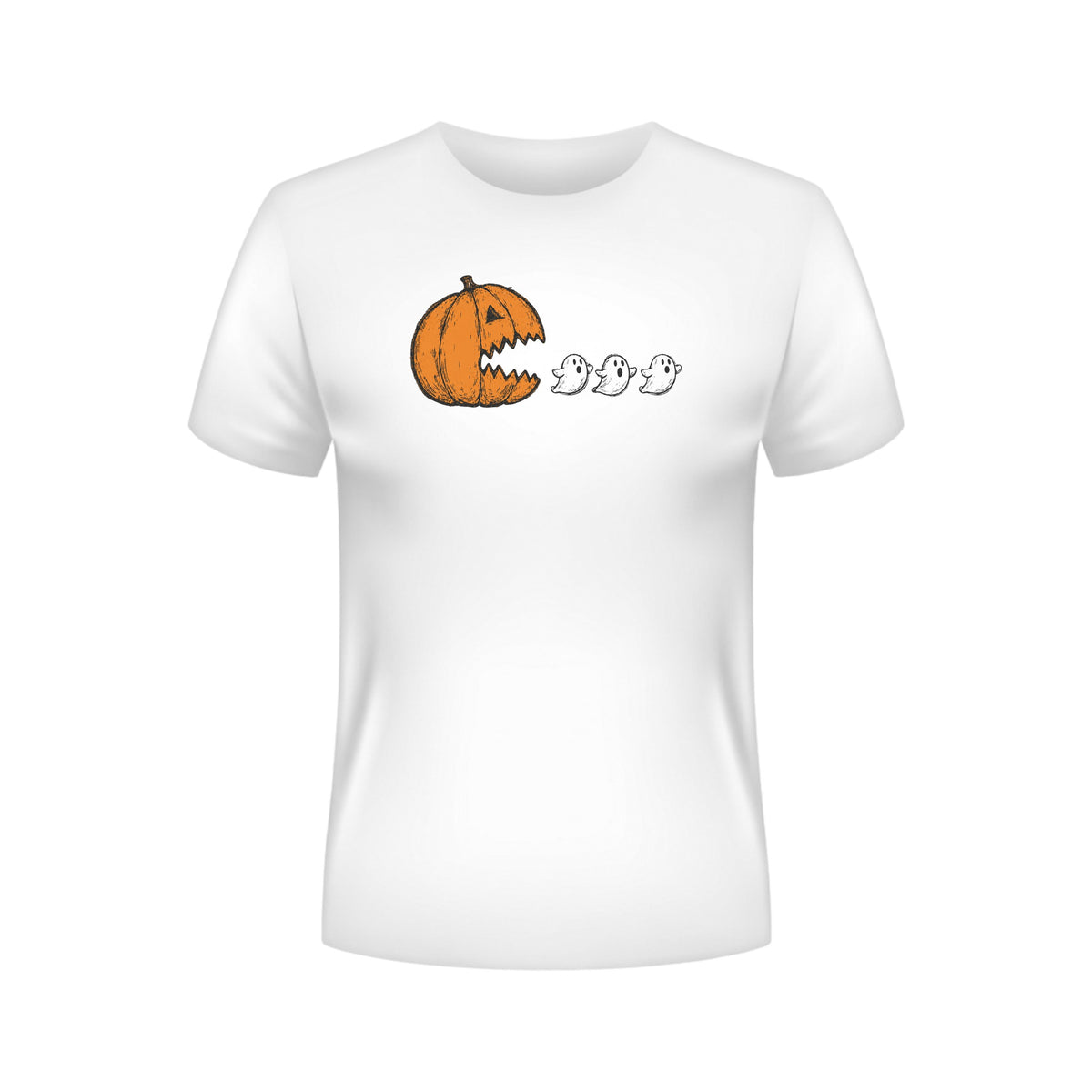 Chomping Pumpkin Halloween T-Shirt – Retro Arcade Jack-O'-Lantern & Ghosts