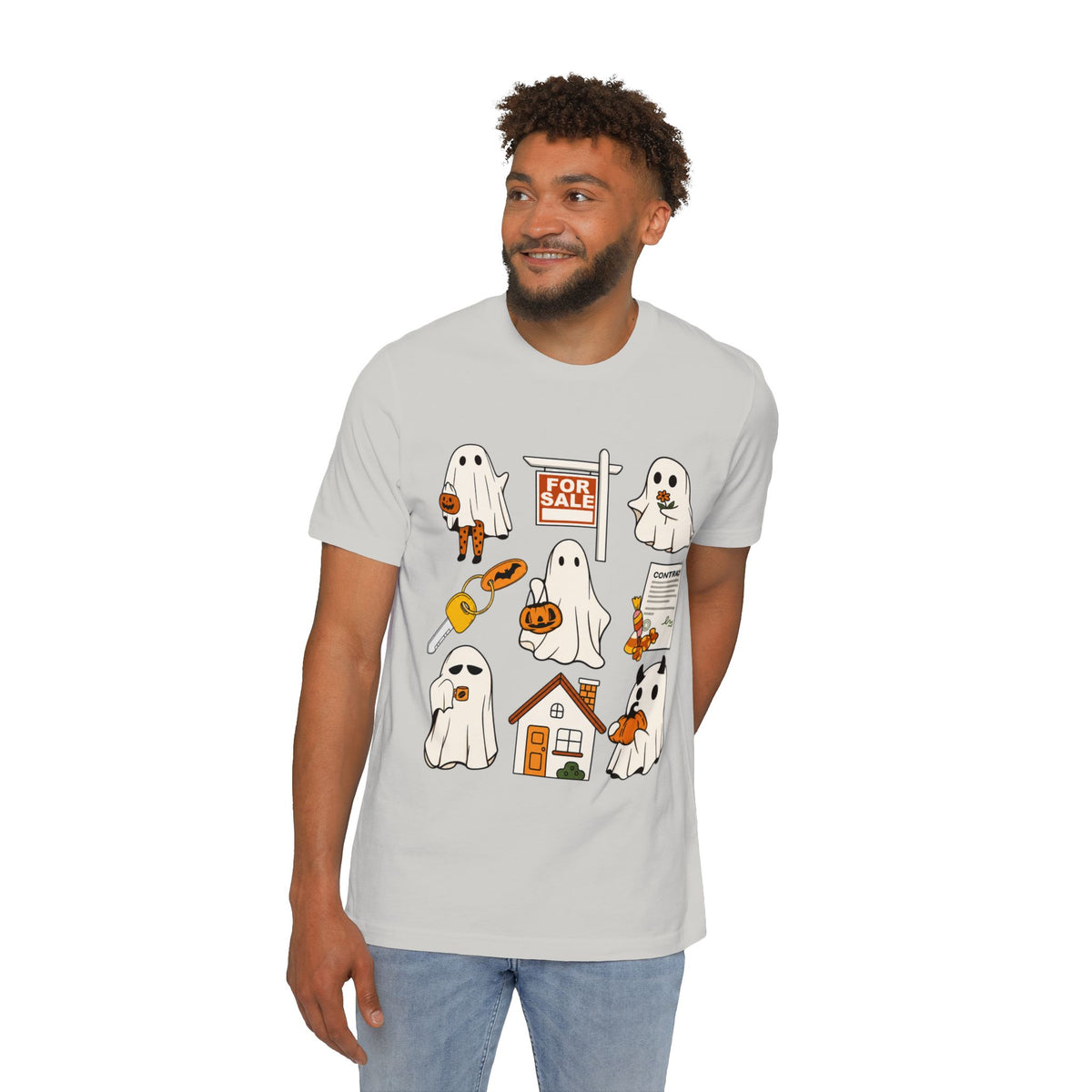 Halloween Home Hunt T-Shirt — Cute Ghosts Trick-or-Treating, For Sale & Pumpkin House Design by Merchievo (photo 6 of 84)