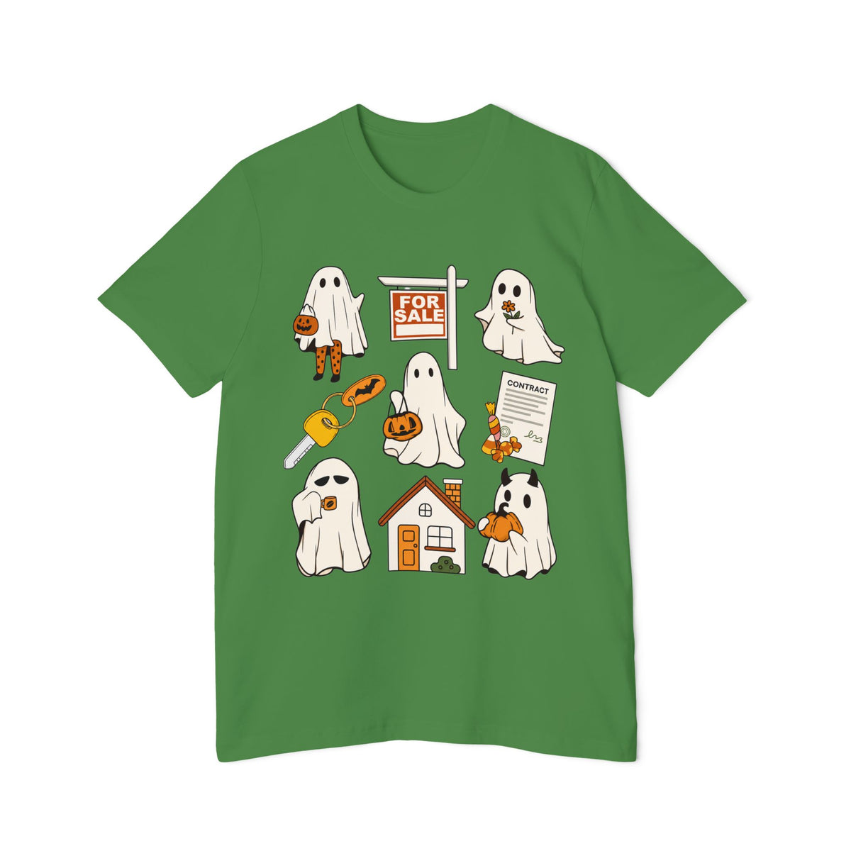 Halloween Home Hunt T-Shirt — Cute Ghosts Trick-or-Treating, For Sale & Pumpkin House Design by Merchievo (photo 48 of 84)