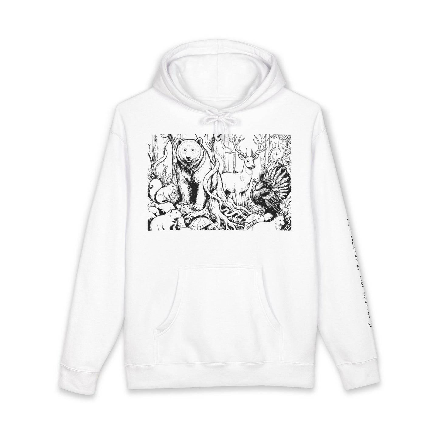 White hoodie with black forest animal design on a white background