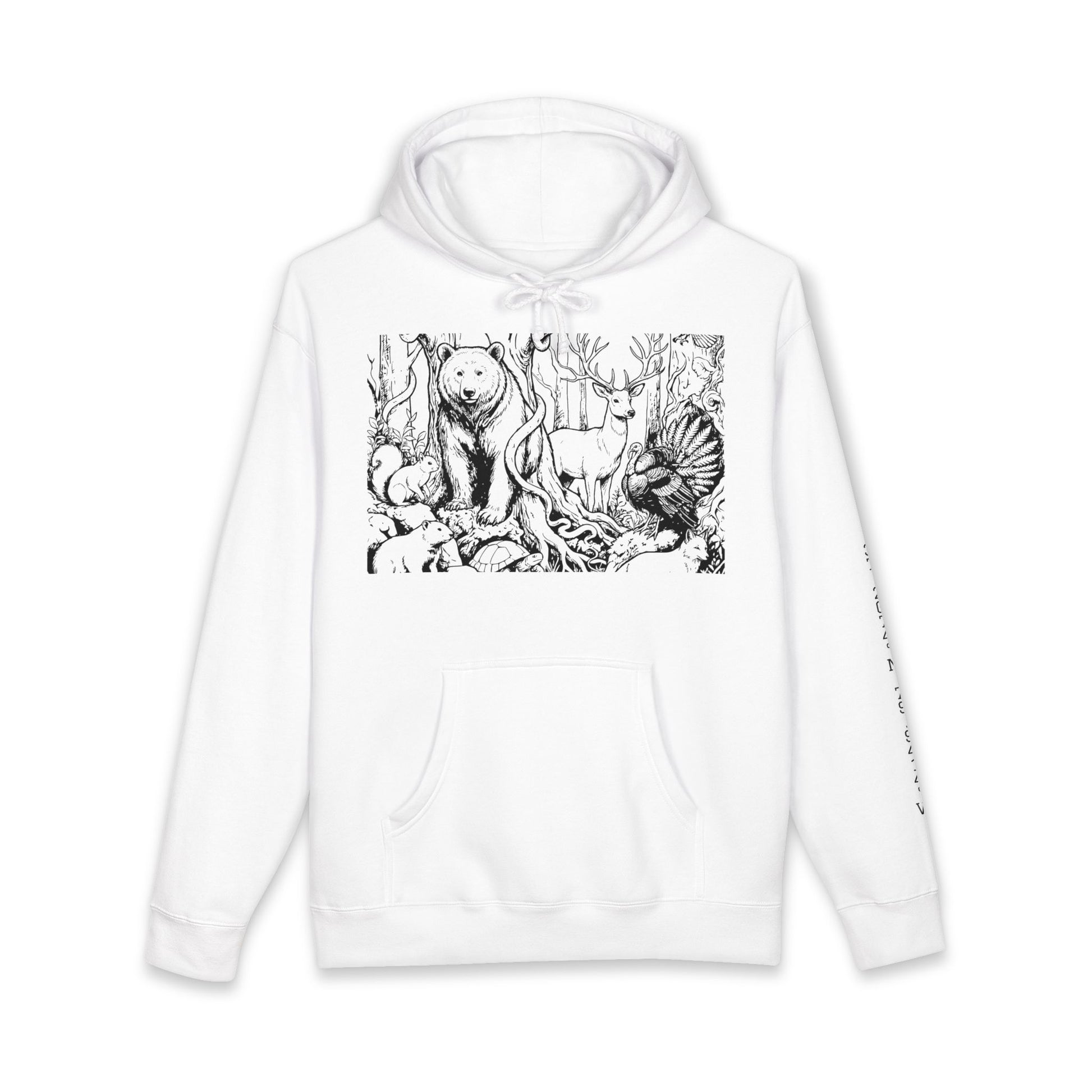 White hoodie with black forest animal design on a white background