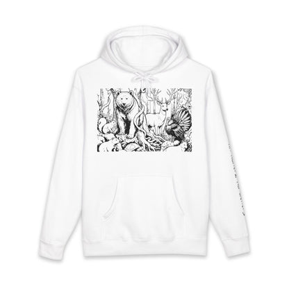 White hoodie with black forest animal design on a white background