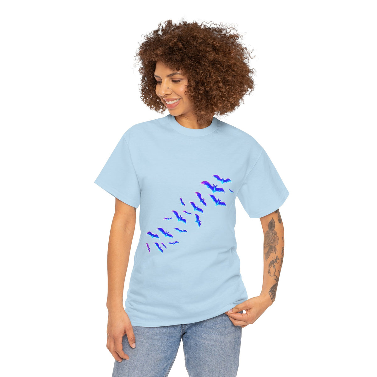 Haunted House Halloween neon pumpkins and flying bats graphic t-shirt by Merchievo (photo 5 of 5)