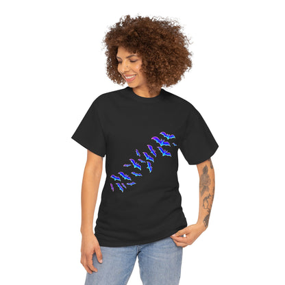 Haunted House Halloween neon pumpkins and flying bats graphic t-shirt by Merchievo (photo 3 of 5)
