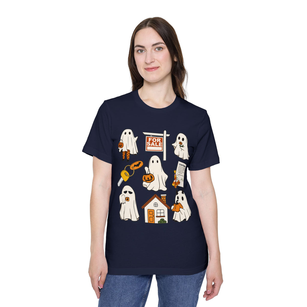 Halloween Home Hunt T-Shirt — Cute Ghosts Trick-or-Treating, For Sale & Pumpkin House Design by Merchievo (photo 76 of 84)