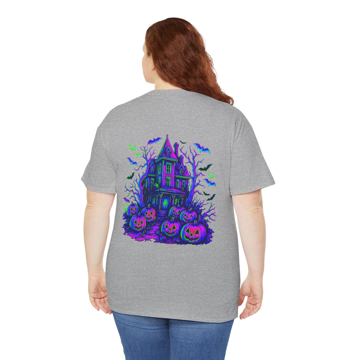 Haunted House Halloween Tee — Neon Pumpkins & Flying Bats Shirt by Merchievo (photo 8 of 14)