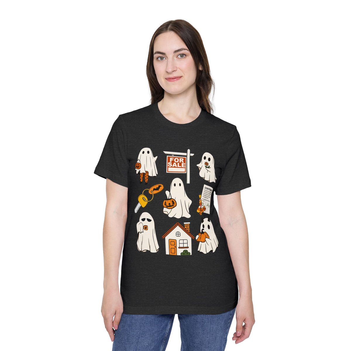 Halloween Home Hunt T-Shirt — Cute Ghosts Trick-or-Treating, For Sale & Pumpkin House Design by Merchievo (photo 71 of 84)