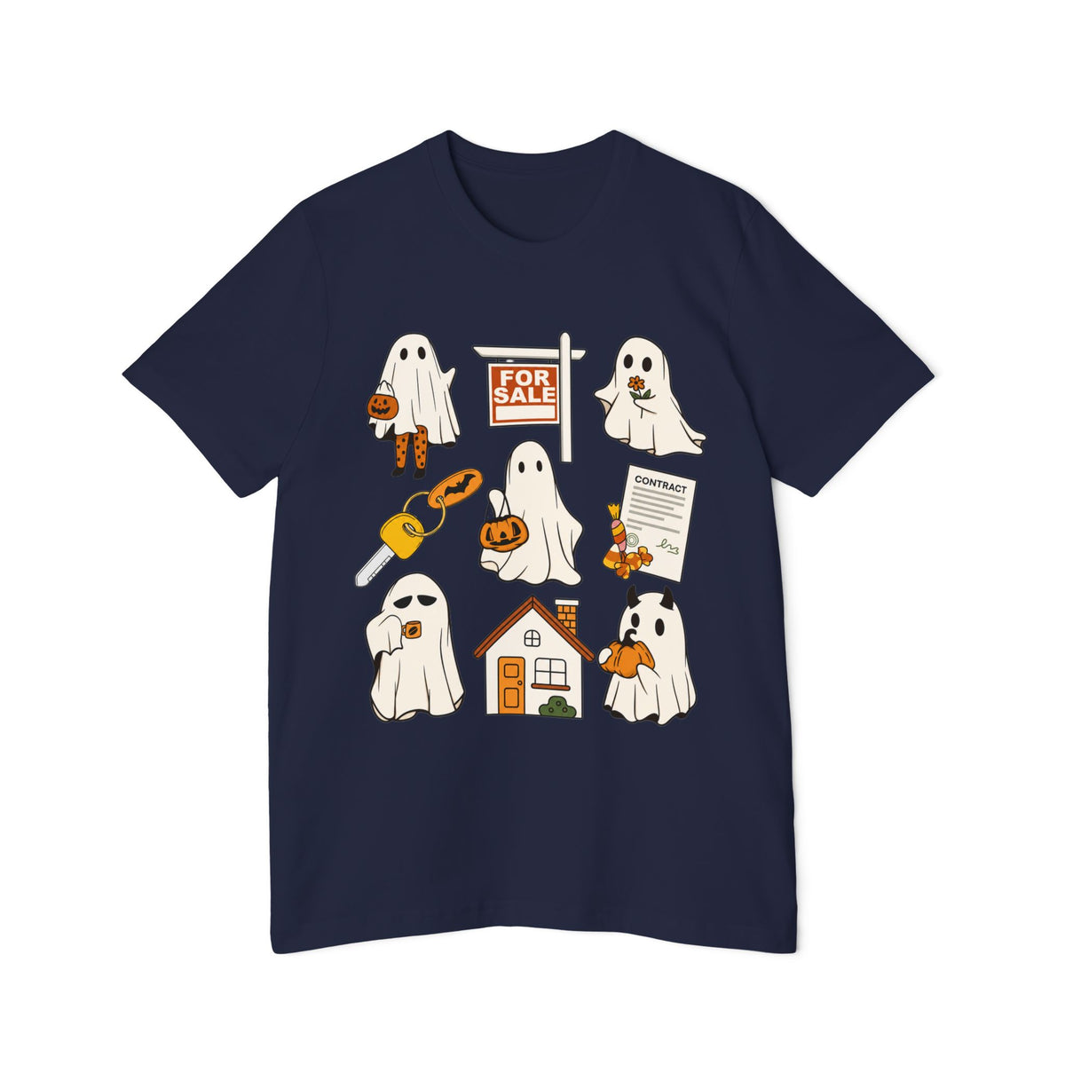 Halloween Home Hunt T-Shirt — Cute Ghosts Trick-or-Treating, For Sale & Pumpkin House Design by Merchievo (photo 78 of 84)