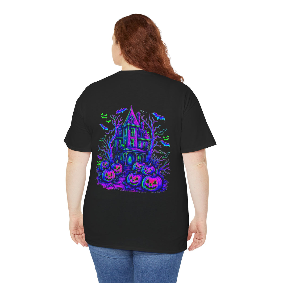 Haunted House Halloween neon pumpkins and flying bats graphic t-shirt by Merchievo (photo 4 of 5)
