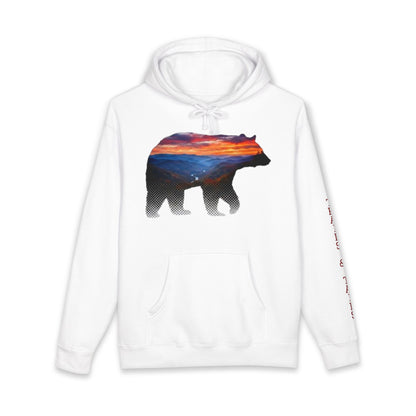 White hoodie with a sunset bear design on a white background.