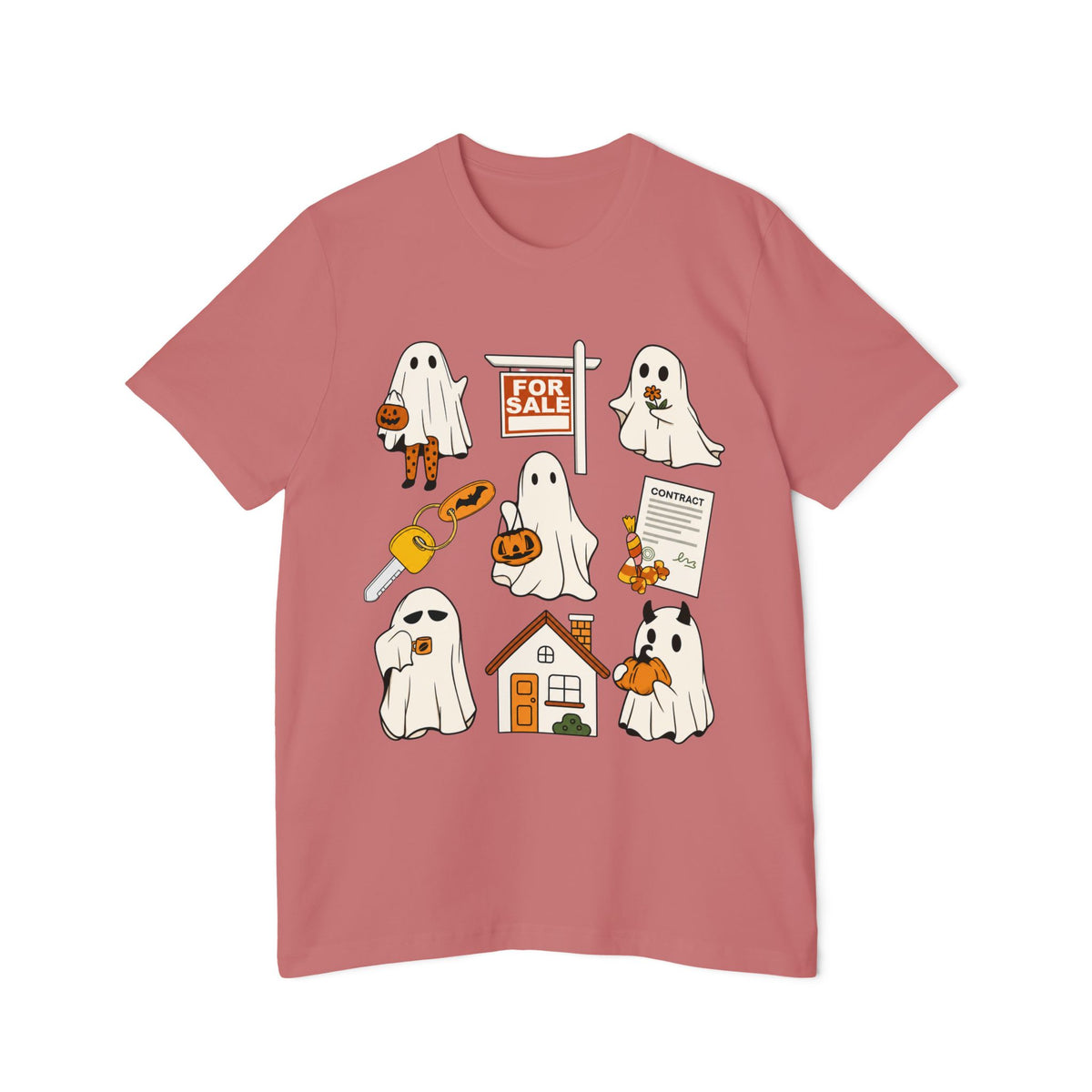 Halloween Home Hunt T-Shirt — Cute Ghosts Trick-or-Treating, For Sale & Pumpkin House Design by Merchievo (photo 23 of 84)