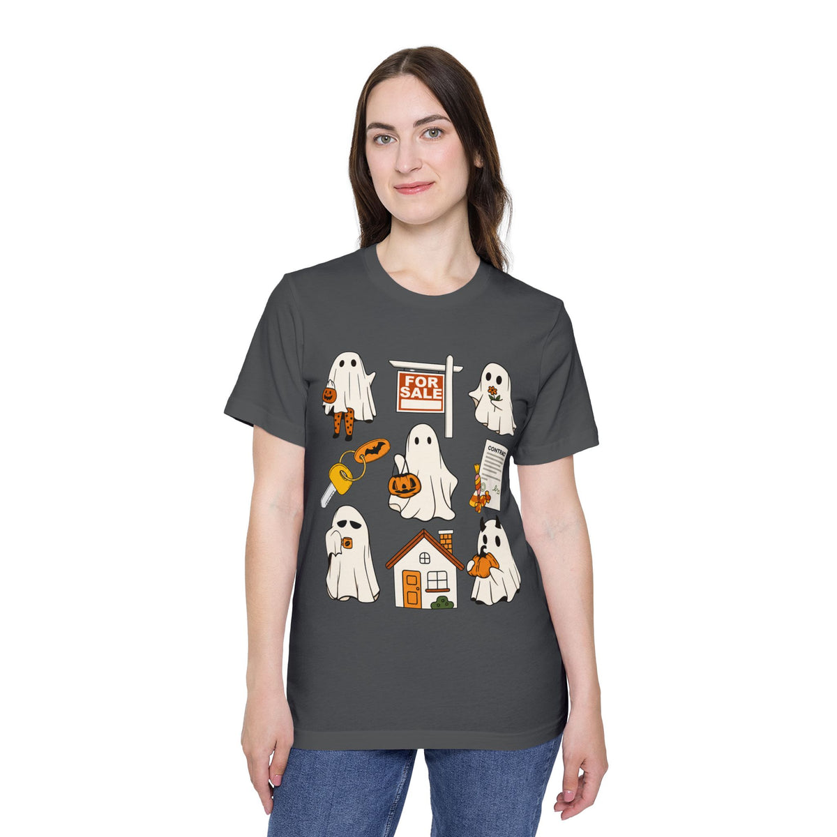 Halloween Home Hunt T-Shirt — Cute Ghosts Trick-or-Treating, For Sale & Pumpkin House Design by Merchievo (photo 66 of 84)