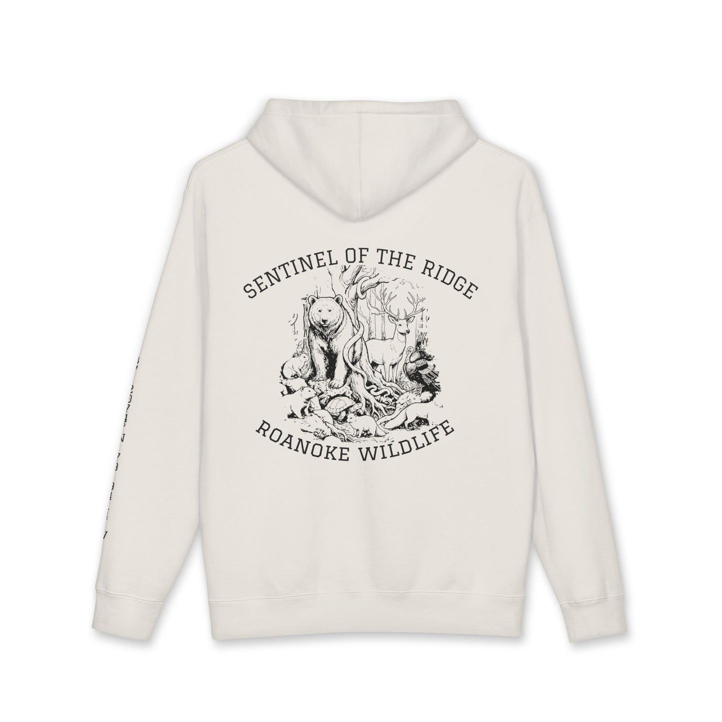 White hoodie with black graphic and text on a white background