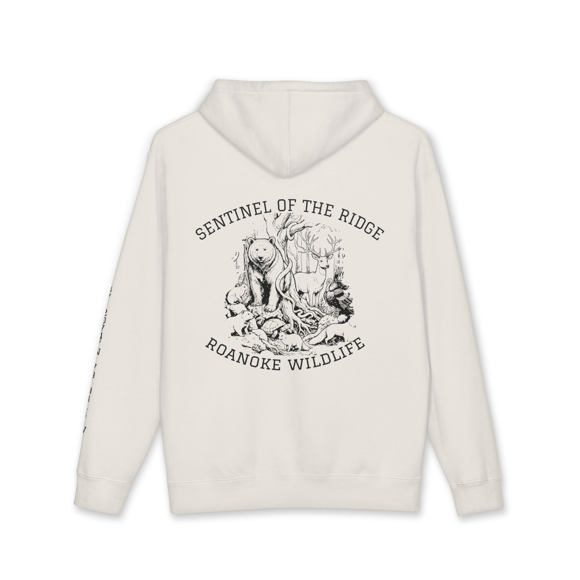 White hoodie with black graphic and text on a white background