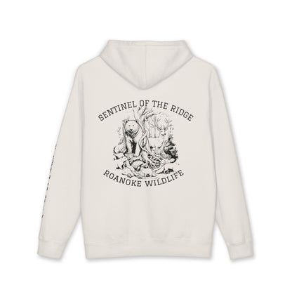 White hoodie with black graphic and text on a white background