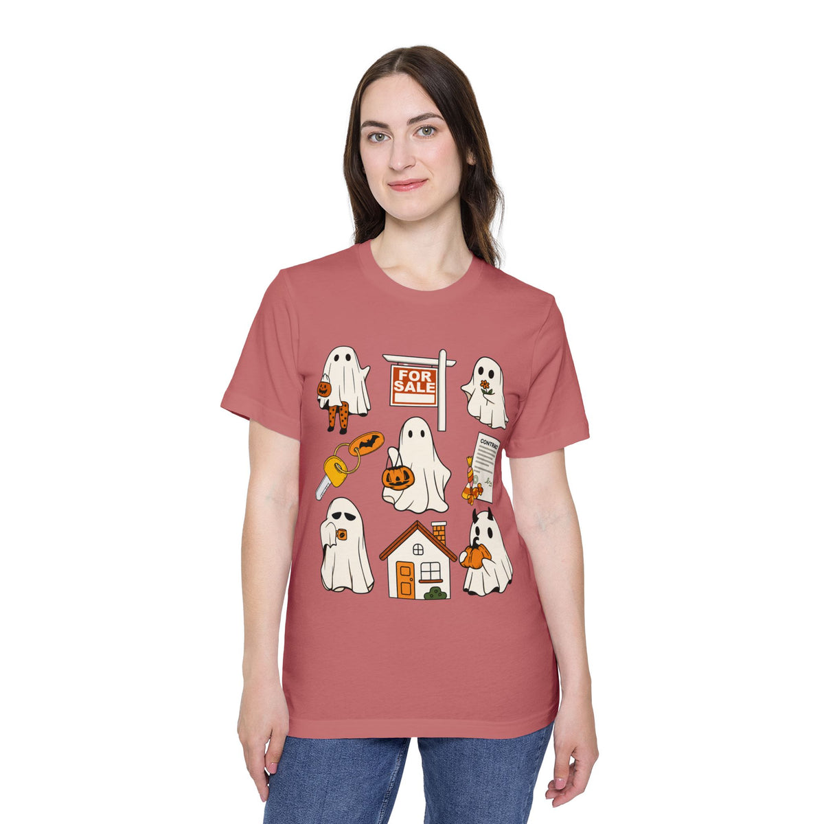 Halloween Home Hunt T-Shirt — Cute Ghosts Trick-or-Treating, For Sale & Pumpkin House Design by Merchievo (photo 21 of 84)