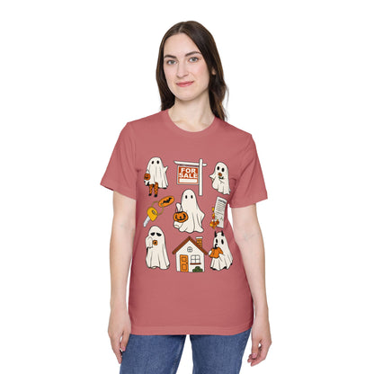 Halloween Home Hunt T-Shirt — Cute Ghosts Trick-or-Treating, For Sale & Pumpkin House Design by Merchievo (photo 21 of 84)
