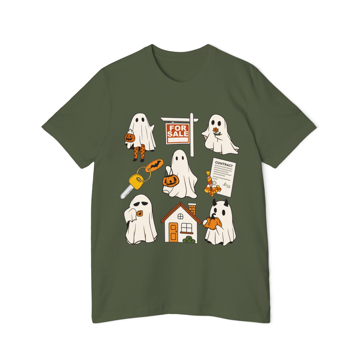 Halloween Home Hunt T-Shirt — Cute Ghosts Trick-or-Treating, For Sale & Pumpkin House Design by Merchievo (photo 53 of 84)