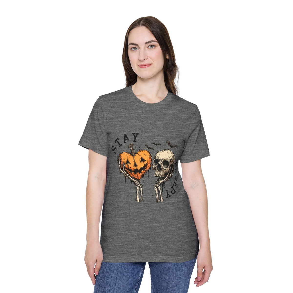 Stay Creepy Halloween pumpkin heart and skull graphic t-shirt by Merchievo (photo 3 of 5)