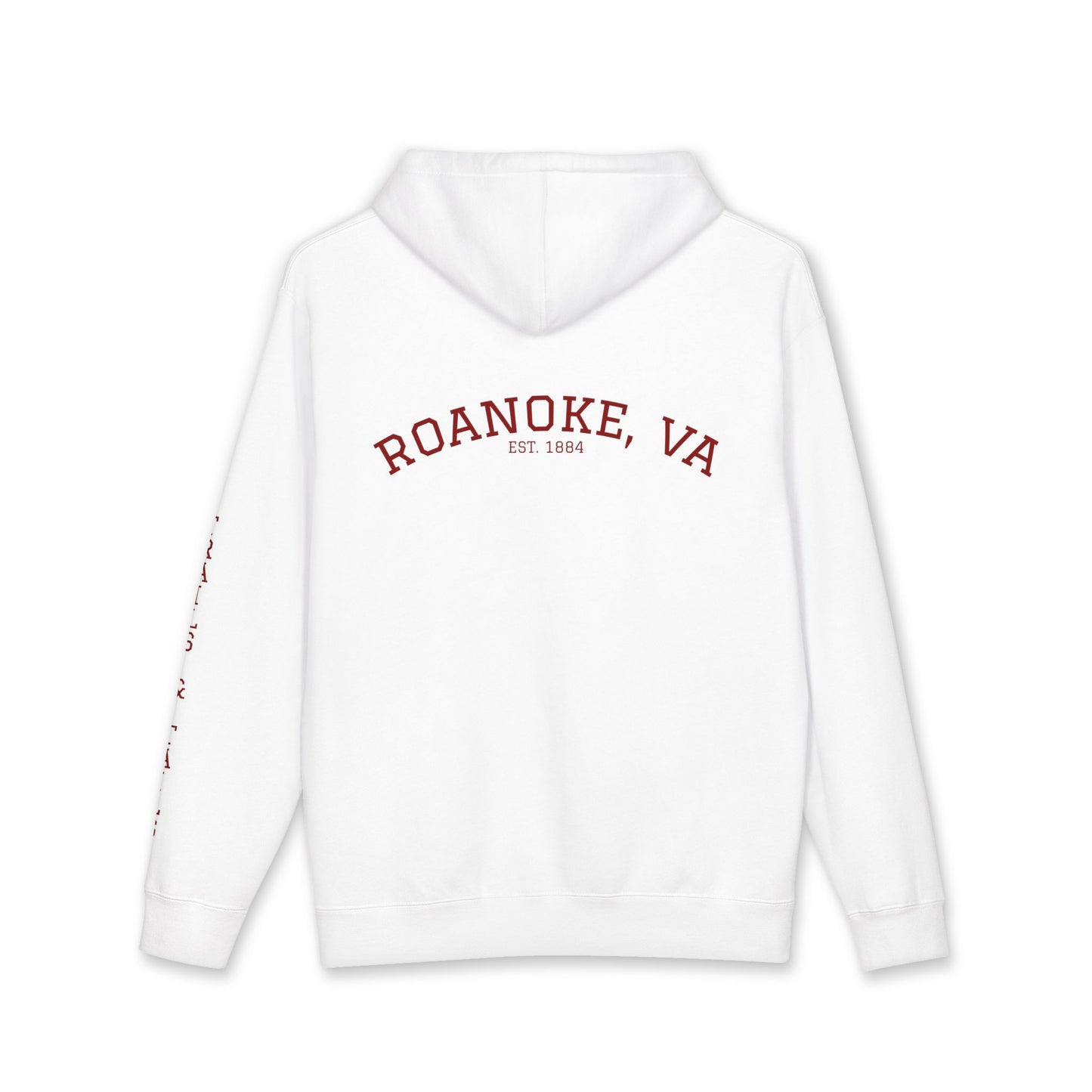 White hoodie with 'Roanoke, VA' text on a white background