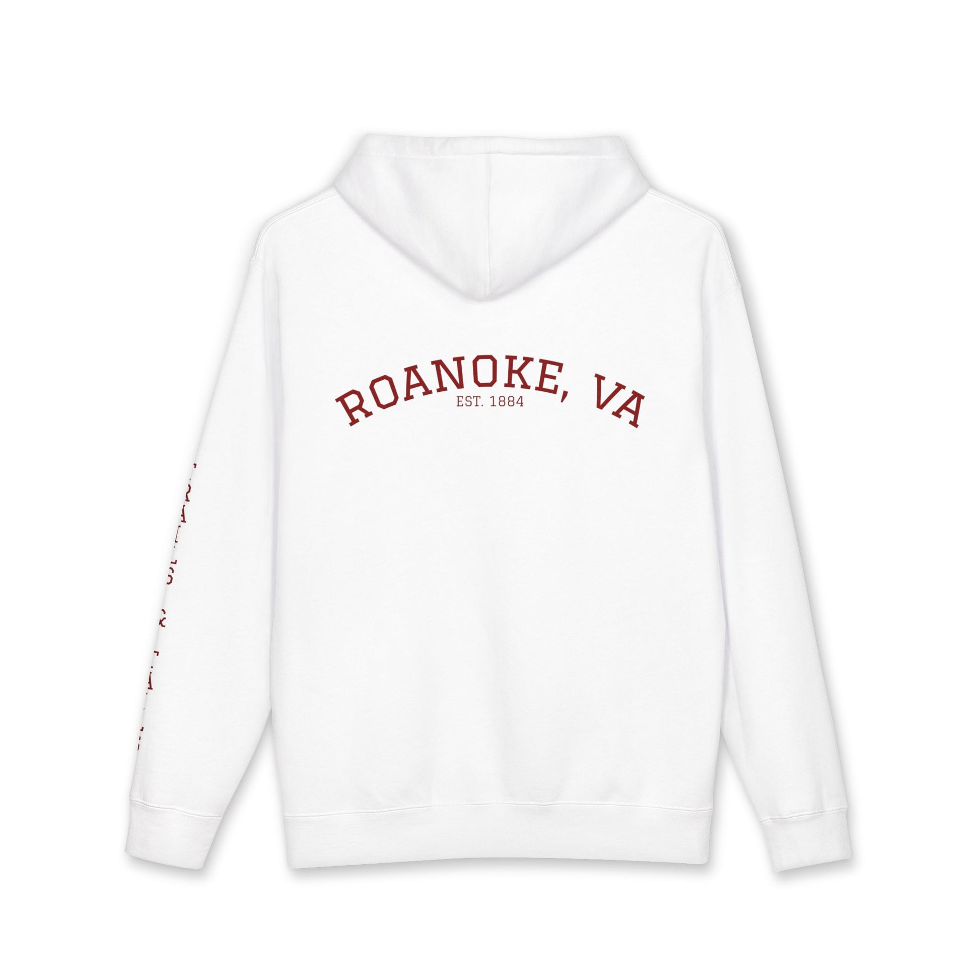 White hoodie with 'Roanoke, VA' text on a white background