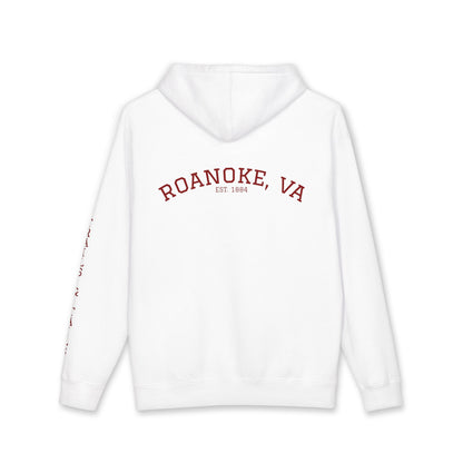 White hoodie with 'Roanoke, VA' text on a white background