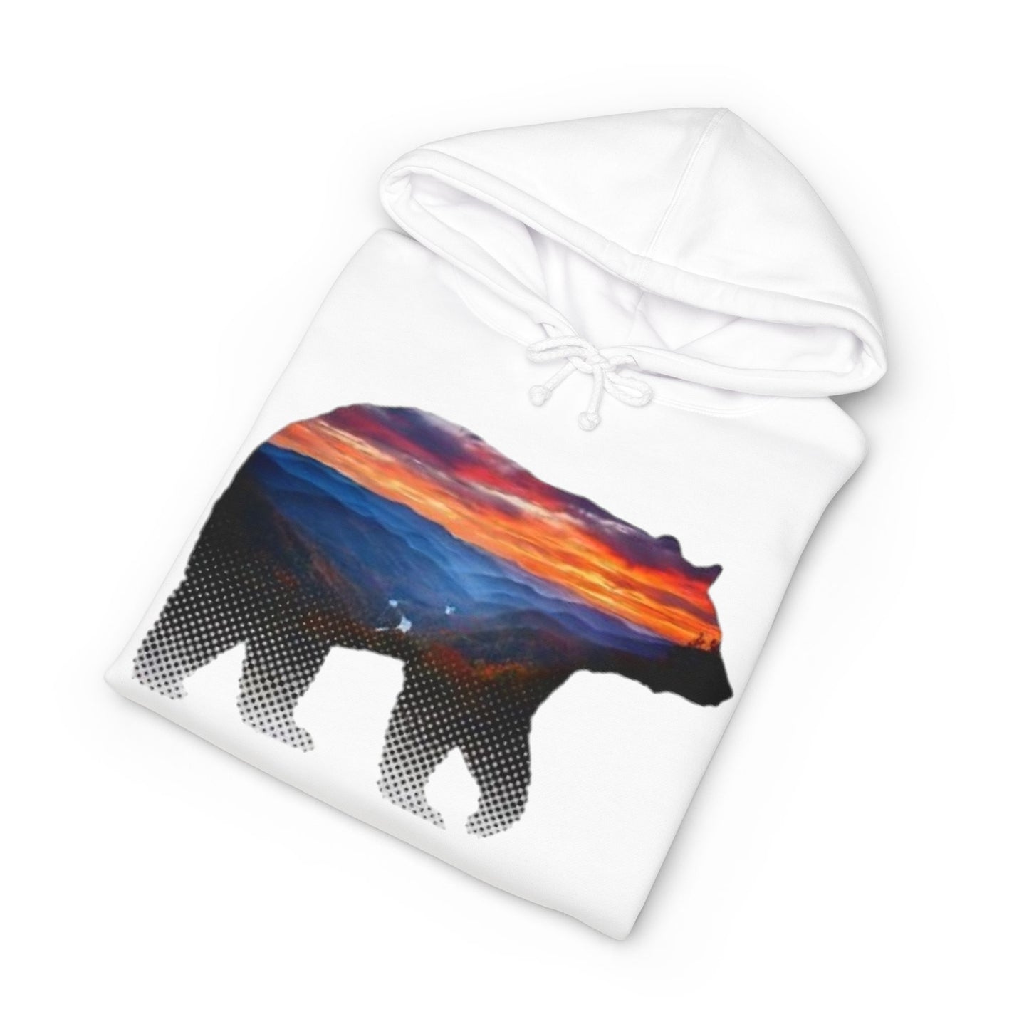White hoodie with a bear design featuring a sunset in the background on a white background
