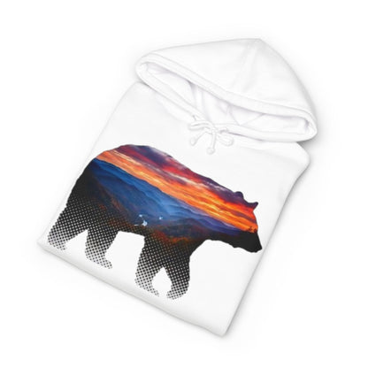 White hoodie with a bear design featuring a sunset in the background on a white background