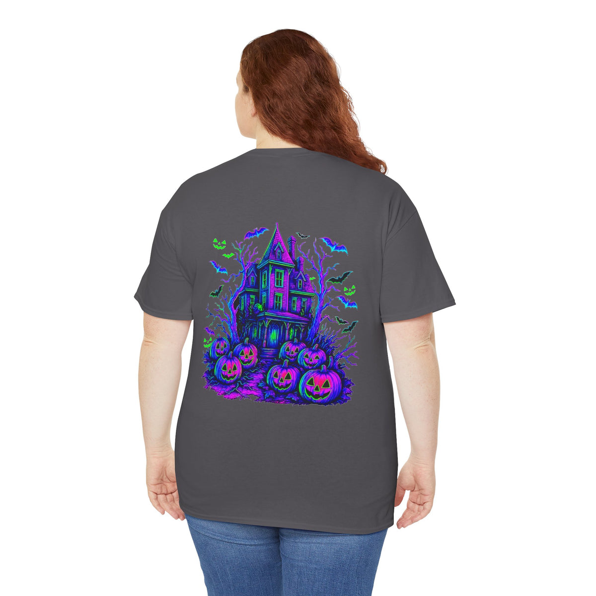 Haunted House Halloween Tee — Neon Pumpkins & Flying Bats Shirt by Merchievo (photo 10 of 14)