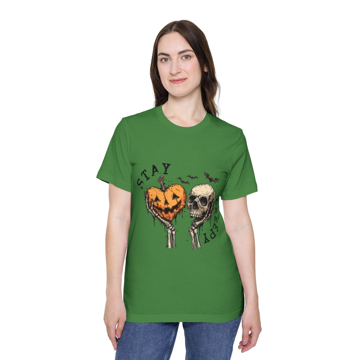 Stay Creepy Halloween pumpkin heart and skull graphic t-shirt by Merchievo (photo 4 of 5)