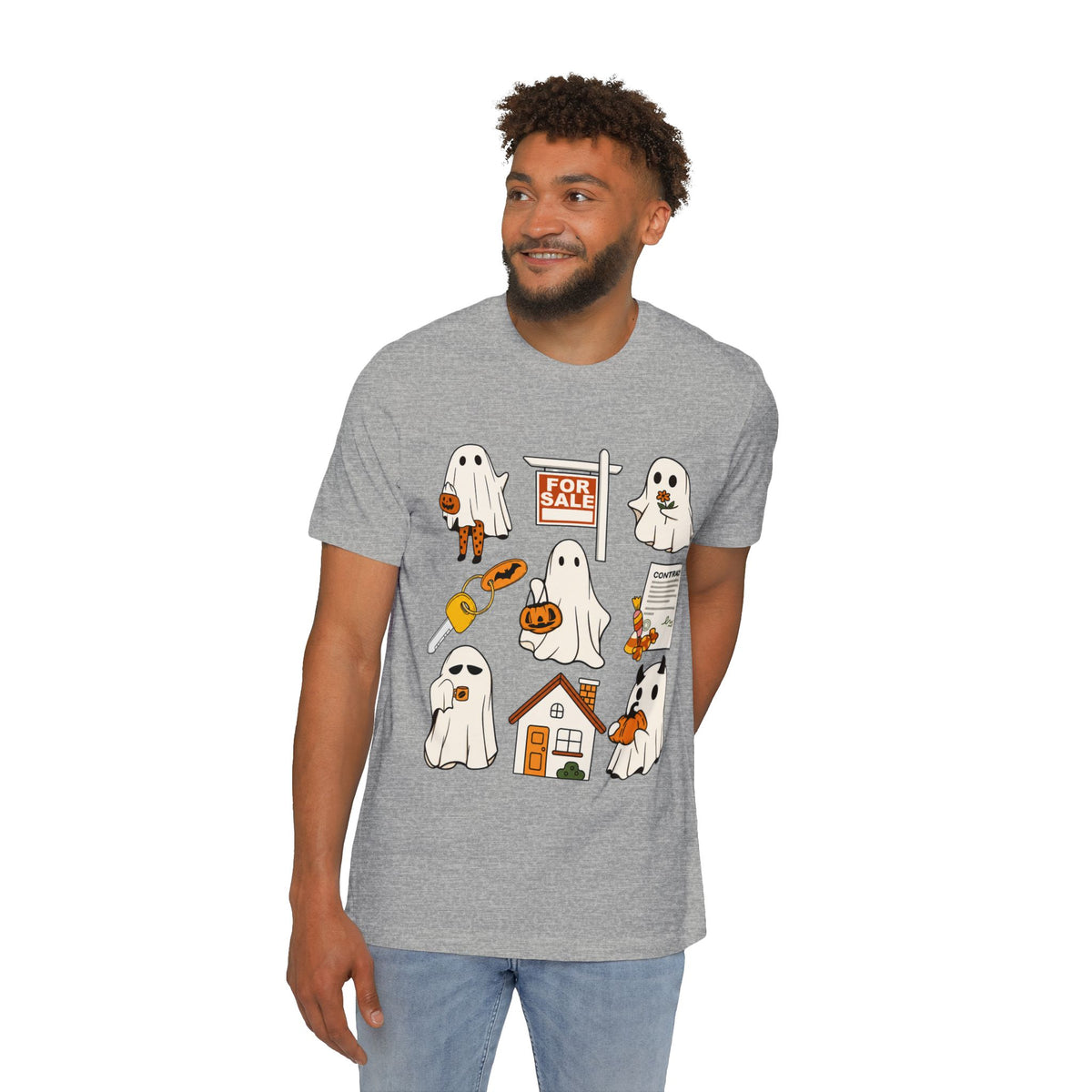 Halloween Home Hunt T-Shirt — Cute Ghosts Trick-or-Treating, For Sale & Pumpkin House Design by Merchievo (photo 9 of 84)