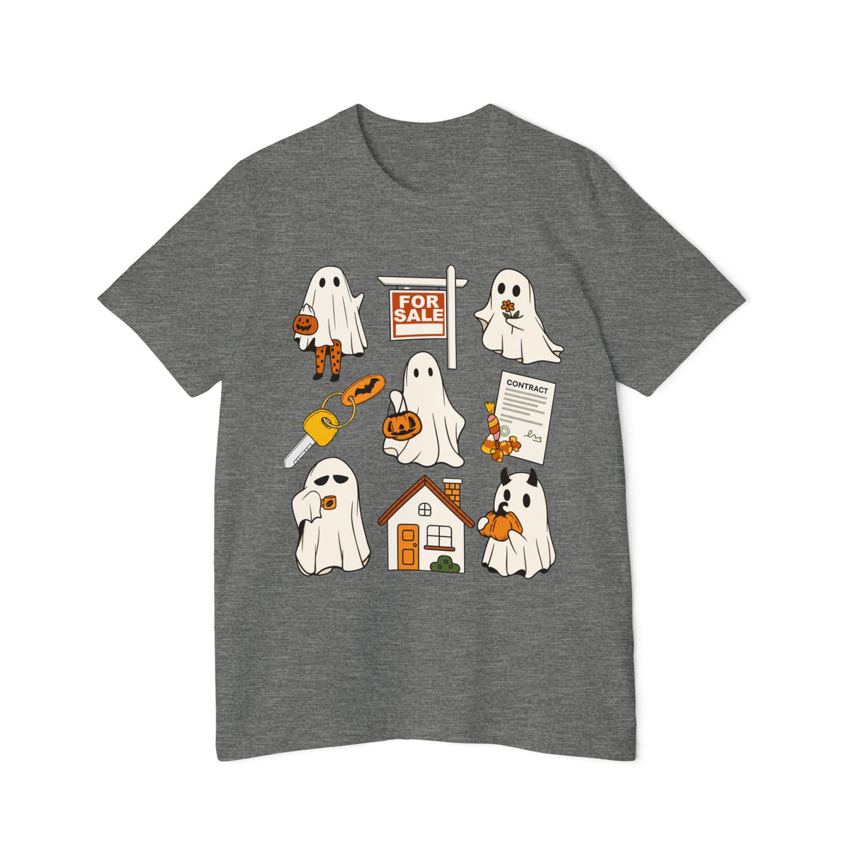 Halloween Home Hunt T-Shirt — Cute Ghosts Trick-or-Treating, For Sale & Pumpkin House Design by Merchievo (photo 28 of 84)
