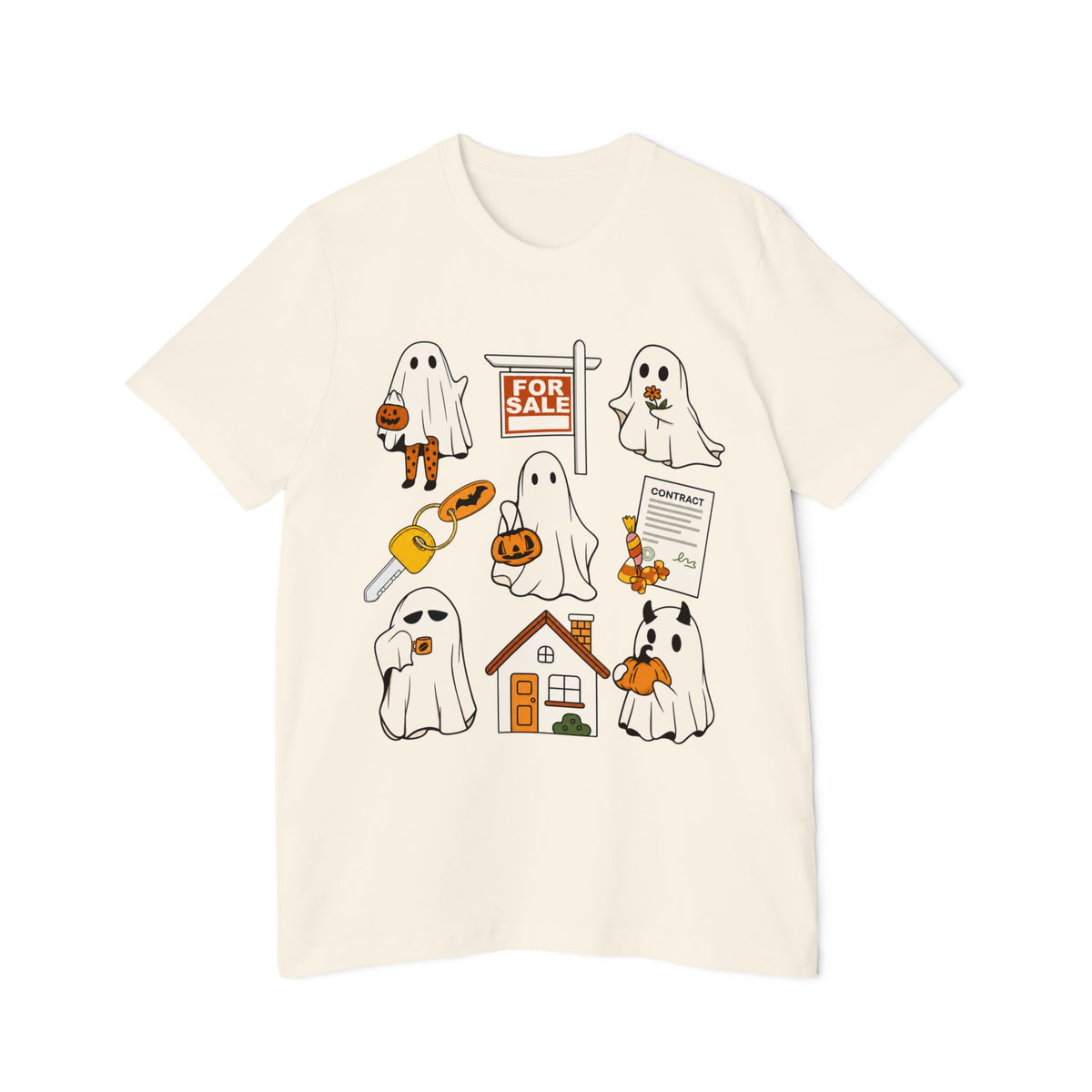 Halloween Home Hunt T-Shirt — Cute Ghosts Trick-or-Treating, For Sale & Pumpkin House Design by Merchievo (photo 38 of 84)