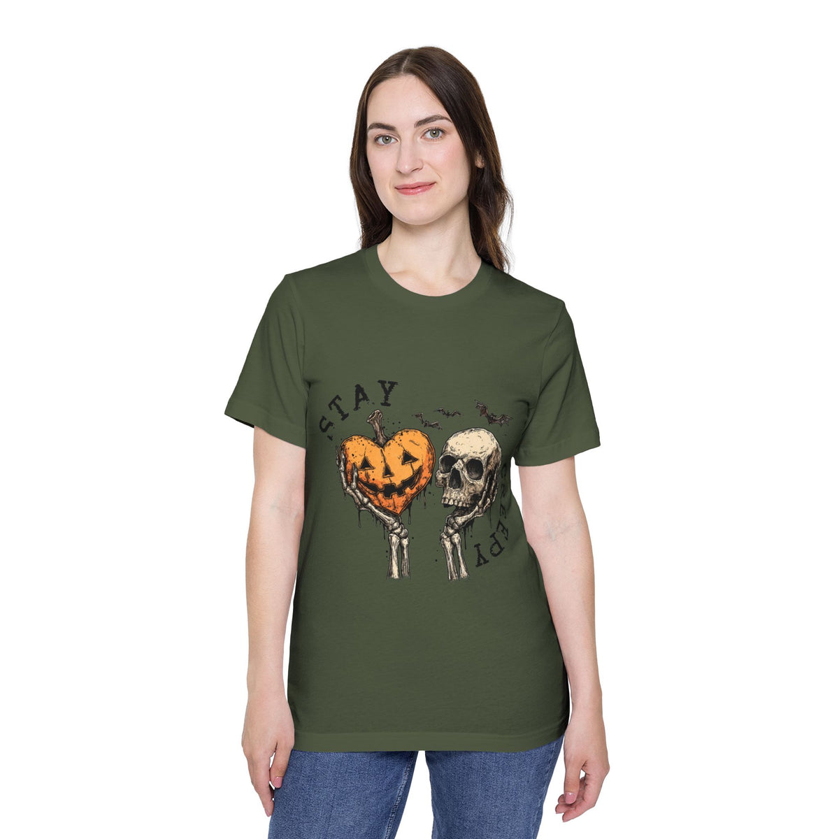 Stay Creepy Halloween pumpkin heart and skull graphic t-shirt by Merchievo (photo 5 of 5)