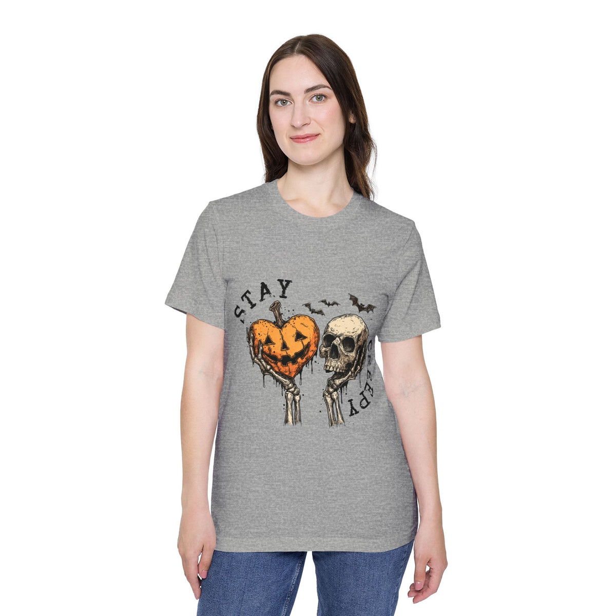 Stay Creepy Halloween T-Shirt – Pumpkin Heart & Skull Graphic by Merchievo (photo 42 of 42)