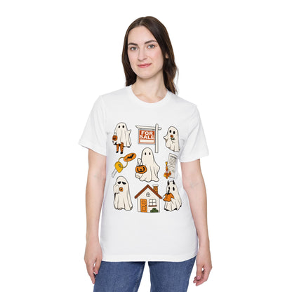 Halloween Home Hunt T-Shirt — Cute Ghosts Trick-or-Treating, For Sale & Pumpkin House Design by Merchievo (photo 16 of 84)