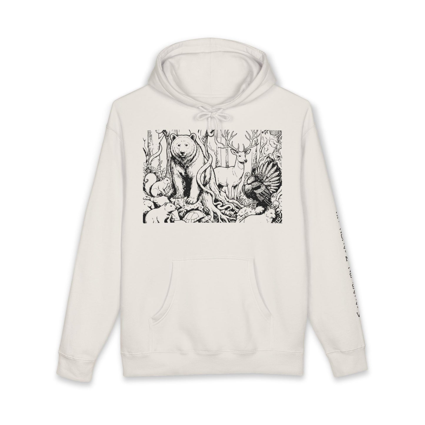 Beige hoodie with black forest animal design on a white background