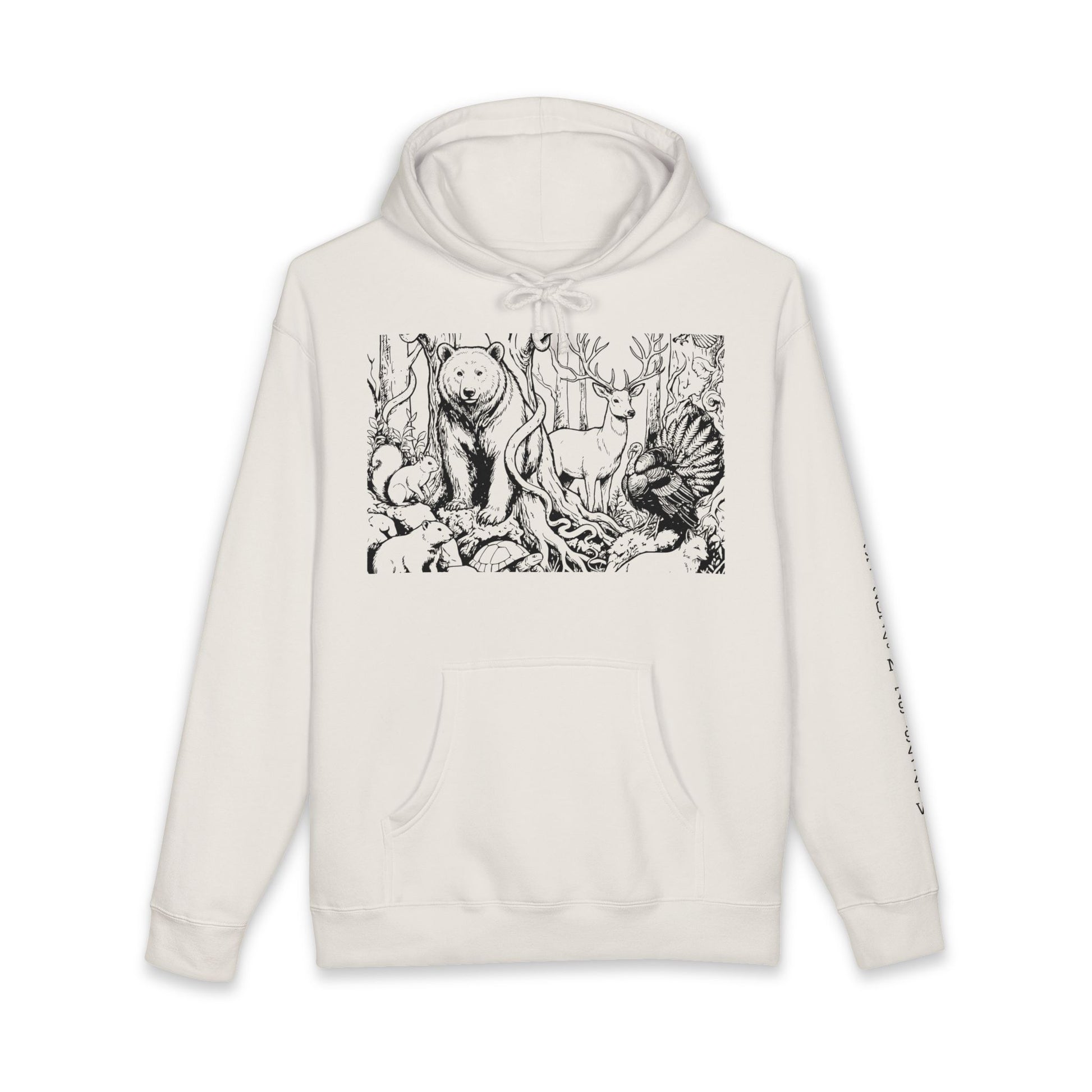 Beige hoodie with black forest animal design on a white background