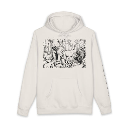 Beige hoodie with black forest animal design on a white background