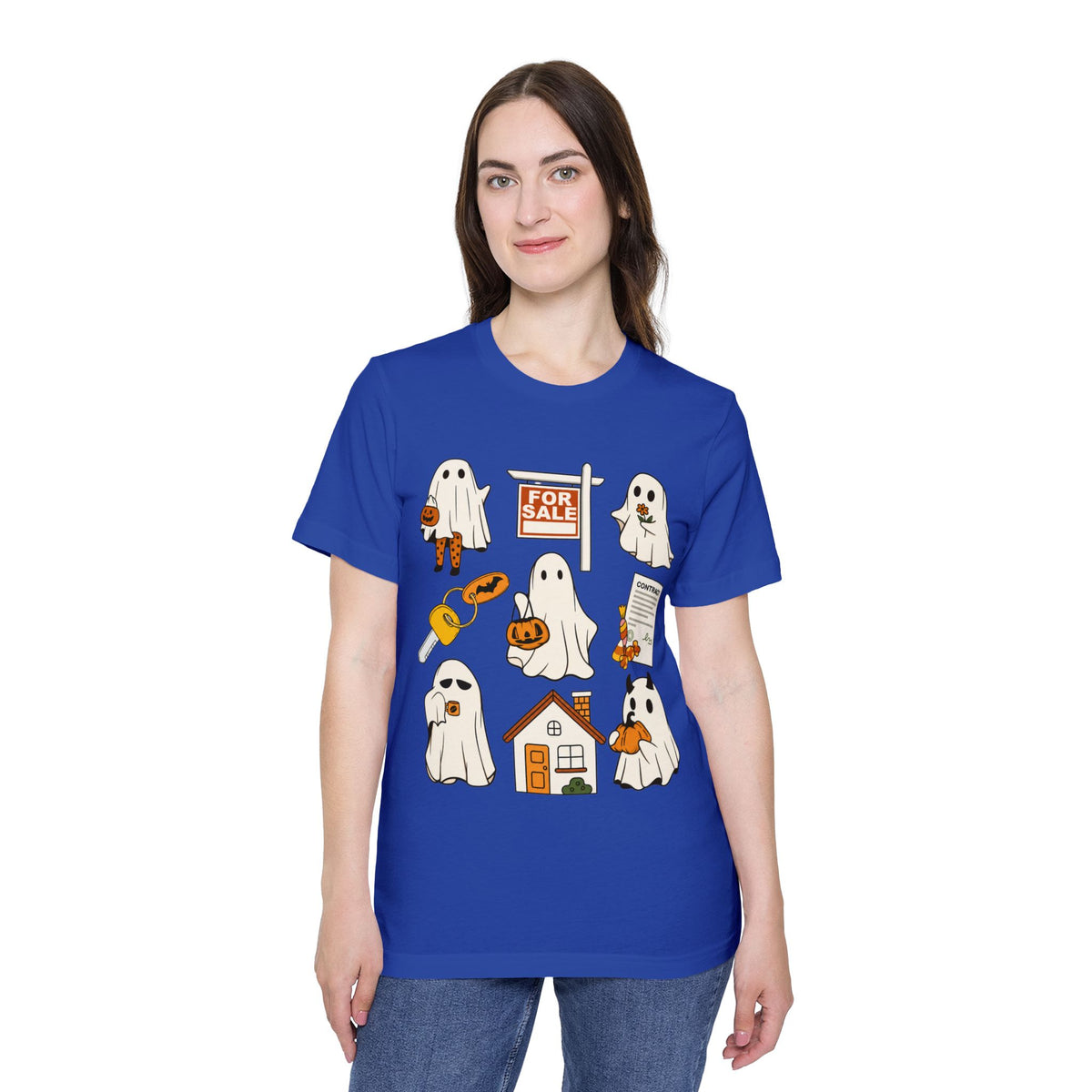 Halloween Home Hunt T-Shirt — Cute Ghosts Trick-or-Treating, For Sale & Pumpkin House Design by Merchievo (photo 61 of 84)