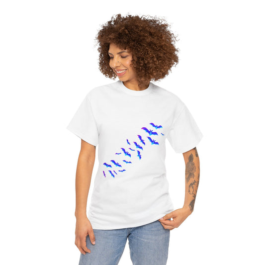 Haunted House Halloween neon pumpkins and flying bats graphic t-shirt by Merchievo (photo 1 of 5)