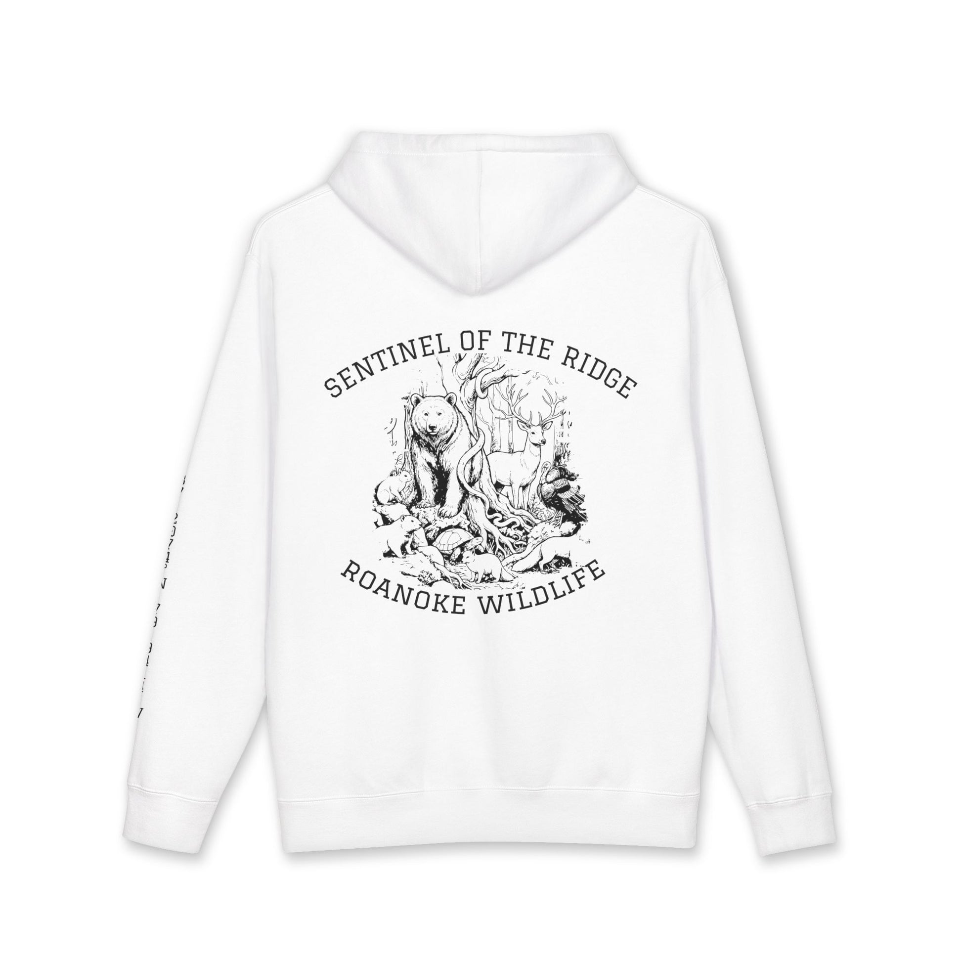 White hoodie with black graphic design and text on a white background