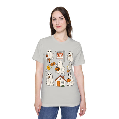 Halloween Home Hunt T-Shirt — Cute Ghosts Trick-or-Treating, For Sale & Pumpkin House Design by Merchievo (photo 41 of 84)
