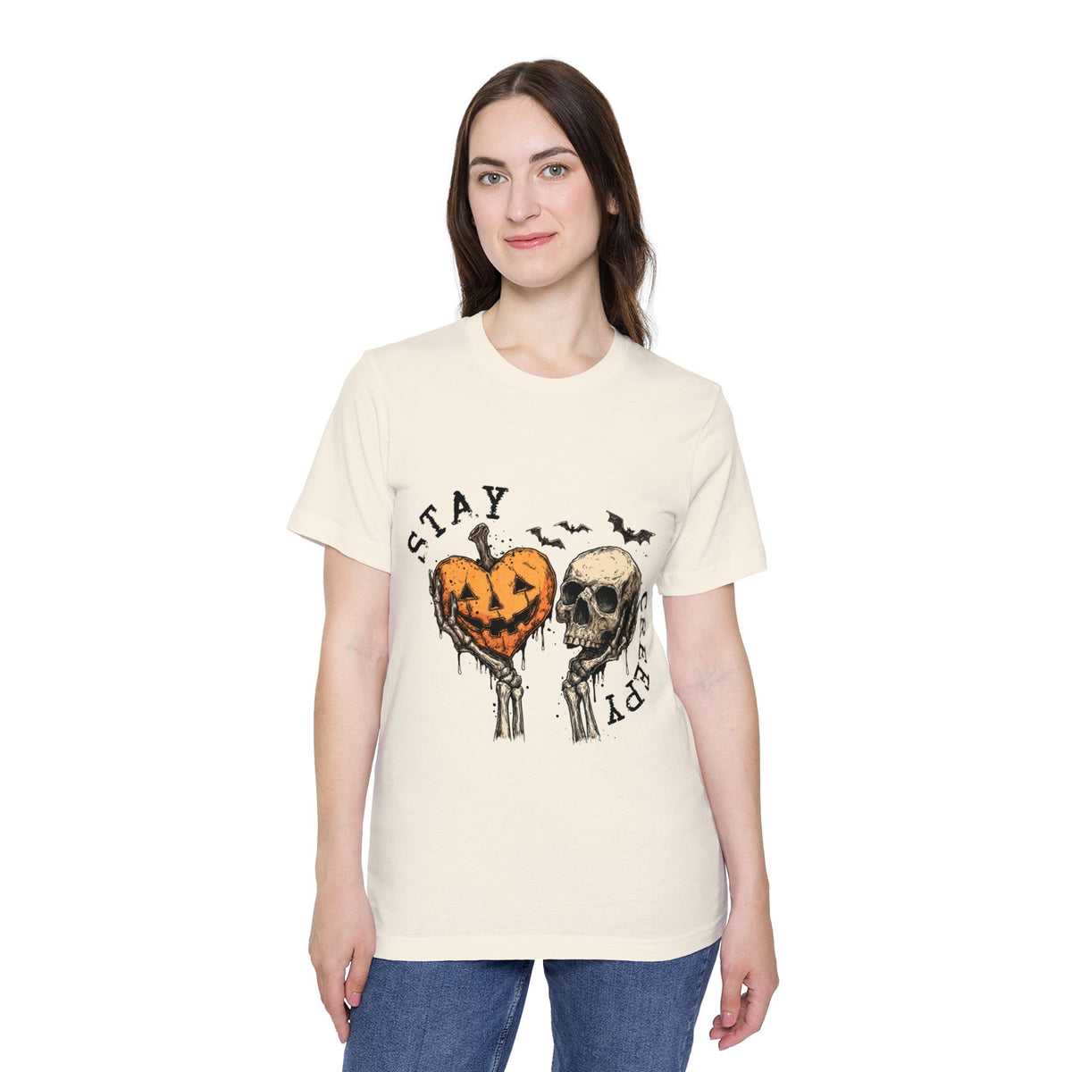 Stay Creepy Halloween pumpkin heart and skull graphic t-shirt by Merchievo (photo 1 of 5)