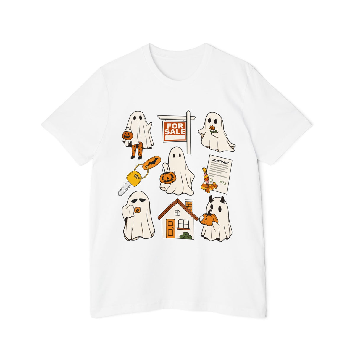 Halloween Home Hunt T-Shirt — Cute Ghosts Trick-or-Treating, For Sale & Pumpkin House Design by Merchievo (photo 18 of 84)