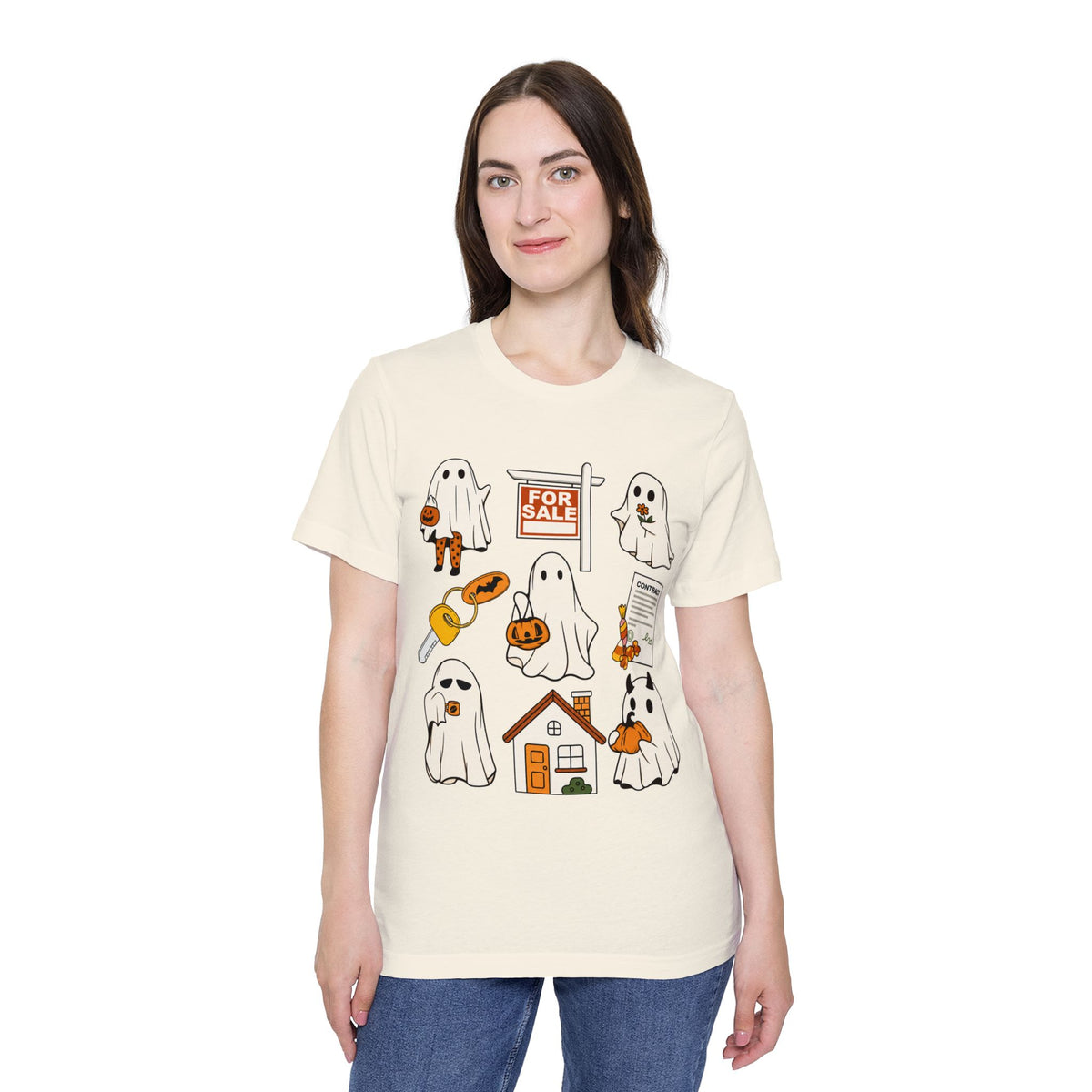 Halloween Home Hunt T-Shirt — Cute Ghosts Trick-or-Treating, For Sale & Pumpkin House Design by Merchievo (photo 36 of 84)