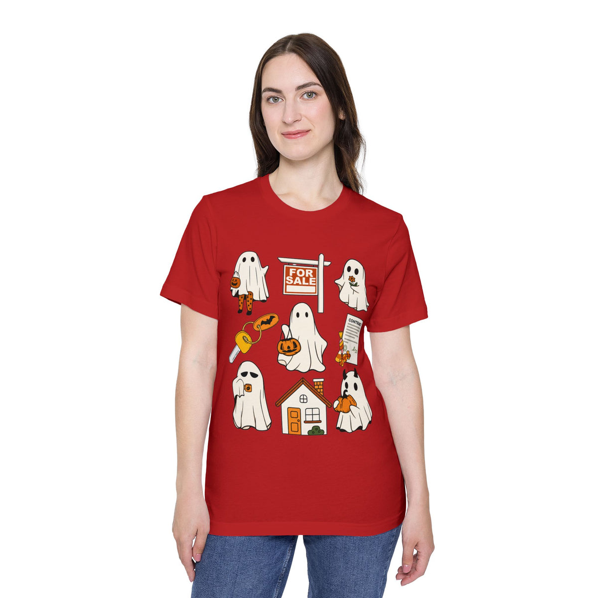 Halloween Home Hunt T-Shirt — Cute Ghosts Trick-or-Treating, For Sale & Pumpkin House Design by Merchievo (photo 81 of 84)