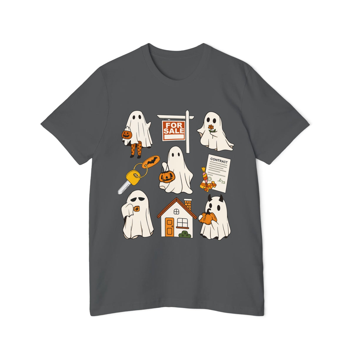 Halloween Home Hunt T-Shirt — Cute Ghosts Trick-or-Treating, For Sale & Pumpkin House Design by Merchievo (photo 68 of 84)