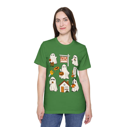 Halloween Home Hunt T-Shirt — Cute Ghosts Trick-or-Treating, For Sale & Pumpkin House Design by Merchievo (photo 46 of 84)