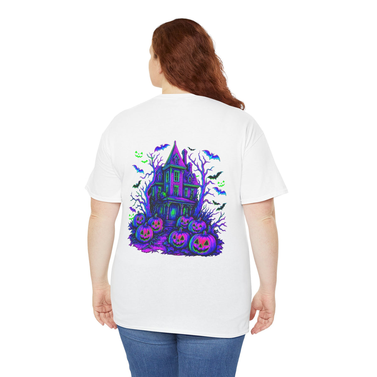 Haunted House Halloween neon pumpkins and flying bats graphic t-shirt by Merchievo (photo 2 of 5)